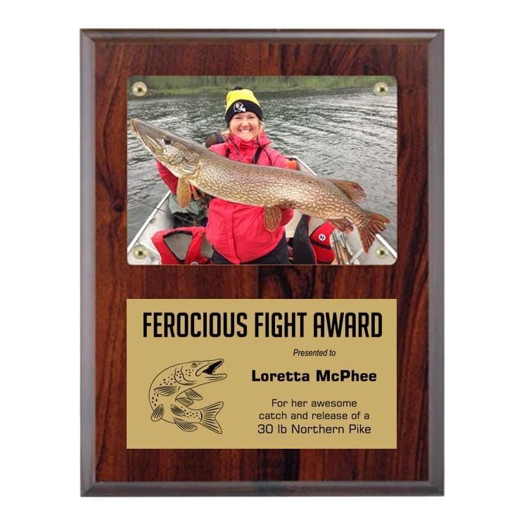 Fishing cherrywood plaque, 7 x 9 inch, holds 3 1/2 x 5 photo