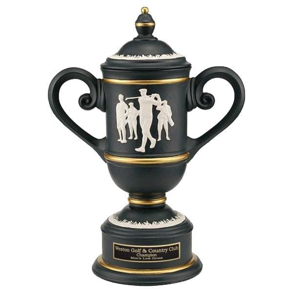 Economy resin golf cup with inlaid figures