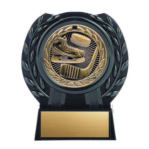 Hockey medal with skate, stick and puck stand