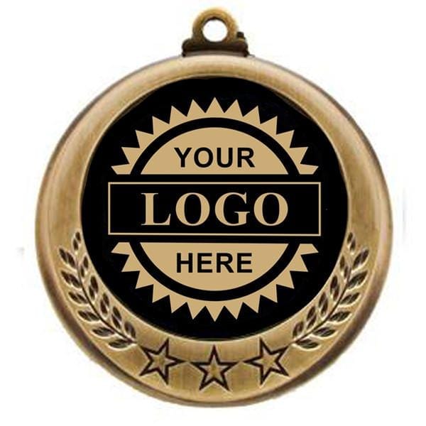 Gold Three Star logo insert medal with engraving 2 3/4 inch