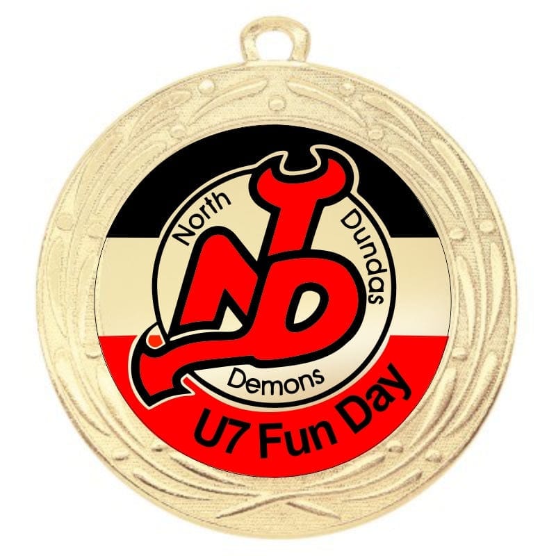 Hockey iron medal with 2-inch colour logo insert, 2.75 inch