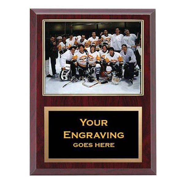 Hockey gold frame plaque, 9 x 12 inch, holds 5 x 7 photo, 7 finishes