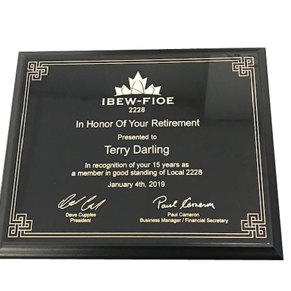IBEW Retirement plaque black with Plate/Gold engraving