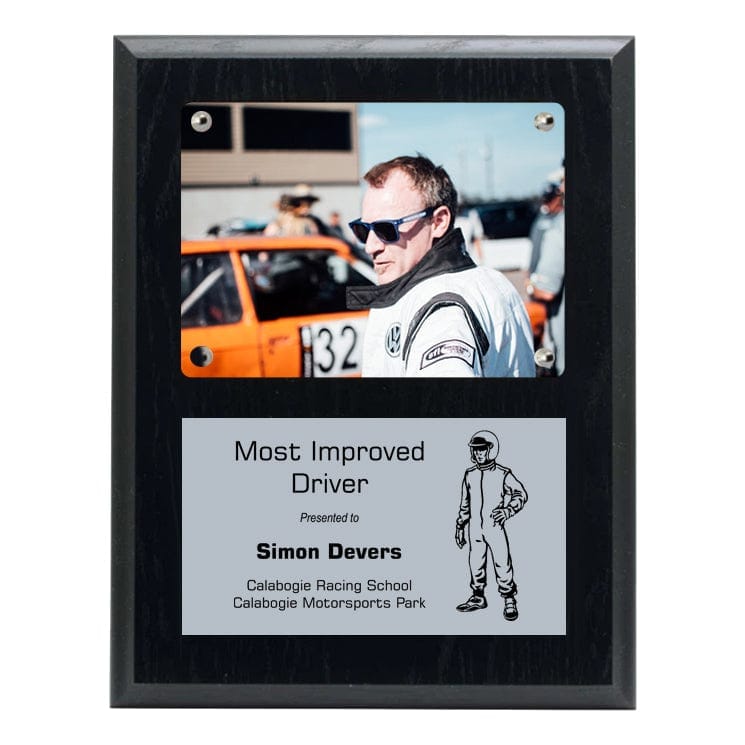 Racing black ash plaque, 7 x 9 inch, holds 3 1/2 x 5 photo – Oak