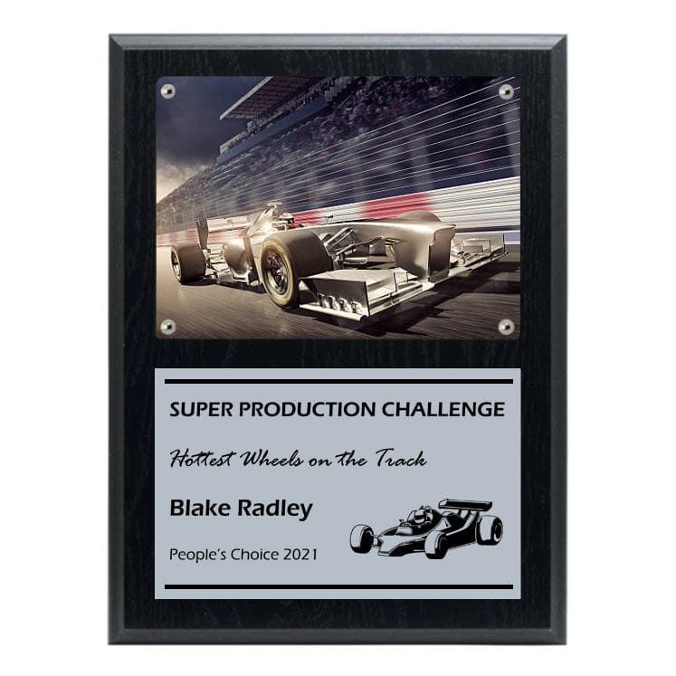 Racing black ash plaque, 9 x 12 inch, holds 5 x 7 photo – Oak