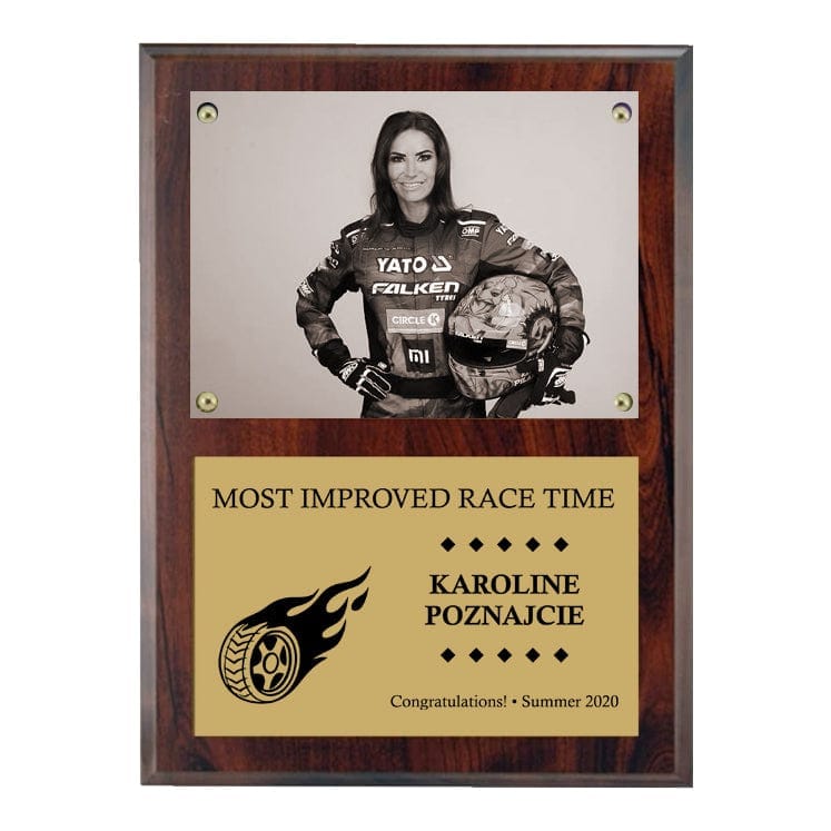 Racing cherrywood plaque, 9 x 12 inch, holds 5 x 7 photo