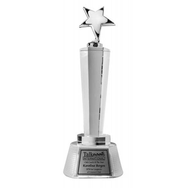 Polished metal star award on crystal riser