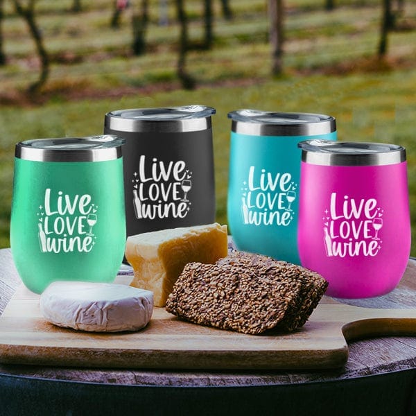 16 oz stemless tumbler printed “Live Love Wine”
