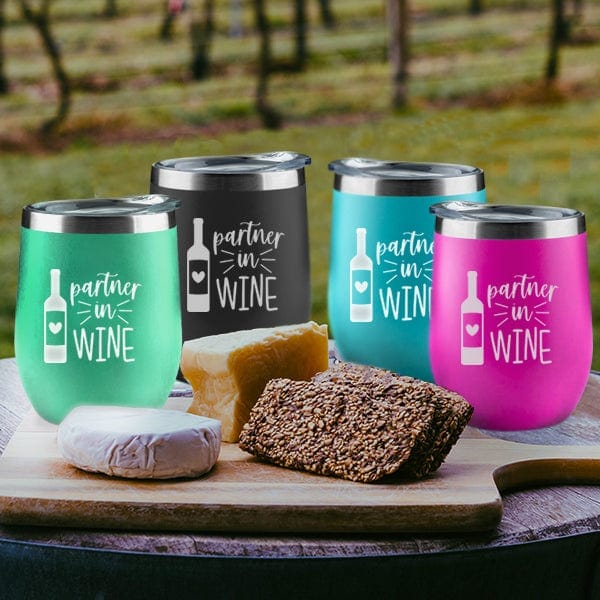 16 oz stemless tumbler printed “Partner in Wine”