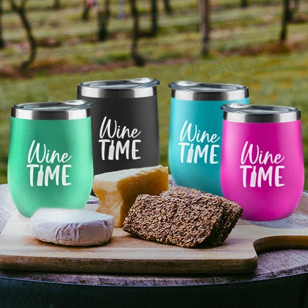 16 oz stemless tumbler printed “Wine Time”